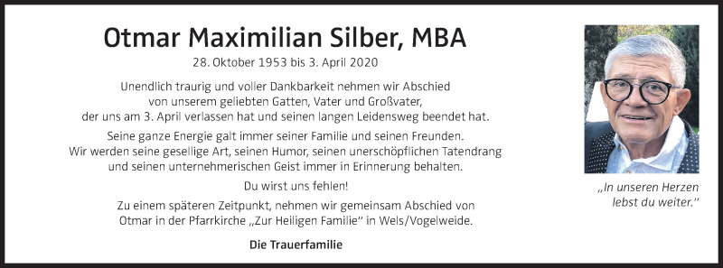  Traueranzeige für Otmar Maximilian Silber vom 11.04.2020 aus OÖNachrichten