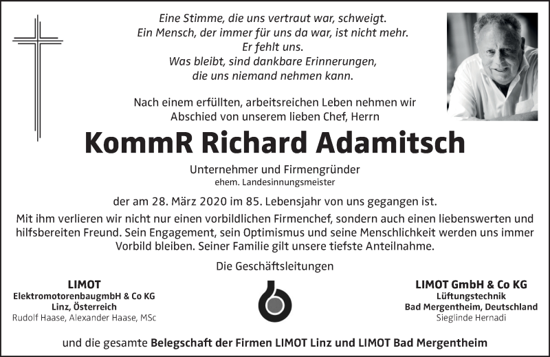  Traueranzeige für Richard Adamitsch vom 03.04.2020 aus OÖNachrichten