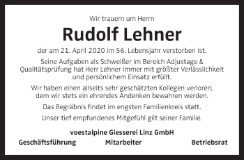 Traueranzeige von Rudolf Lehner von OÖNachrichten