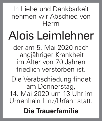 Traueranzeige von Alois Leimlehner von OÖNachrichten