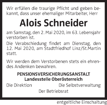 Traueranzeige von Alois Schneider von OÖNachrichten