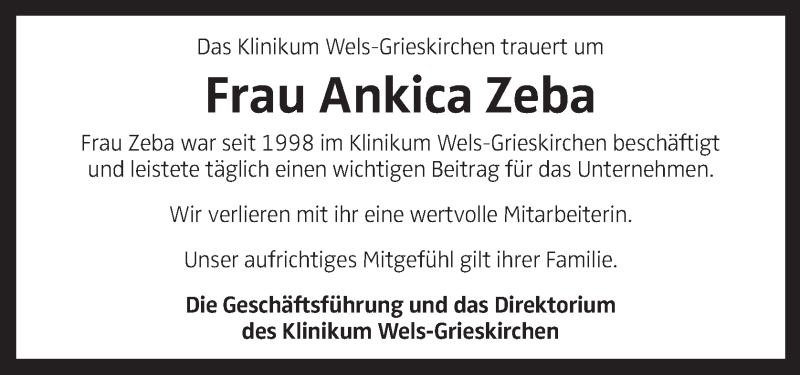  Traueranzeige für Ankica Zeba vom 02.05.2020 aus OÖNachrichten