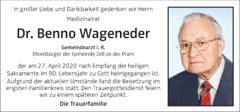 Traueranzeige von Benno Wageneder von OÖNachrichten