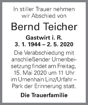 Traueranzeige von Bernd Teicher von OÖNachrichten