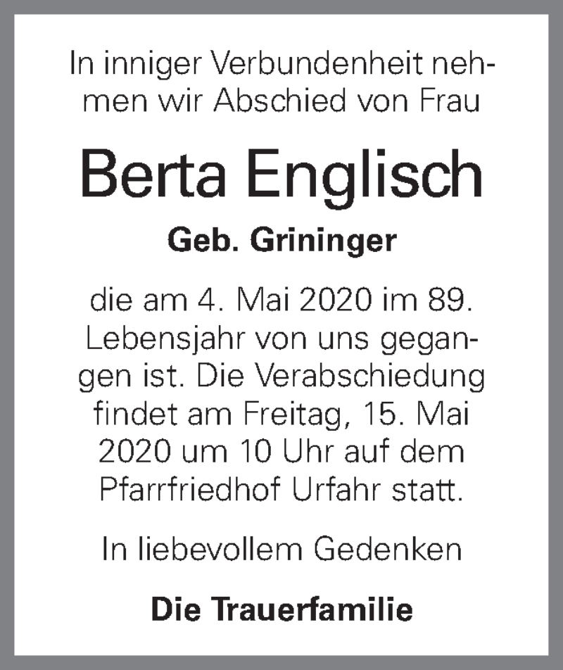  Traueranzeige für Berta Englisch vom 08.05.2020 aus OÖNachrichten