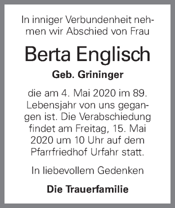 Traueranzeige von Berta Englisch von OÖNachrichten