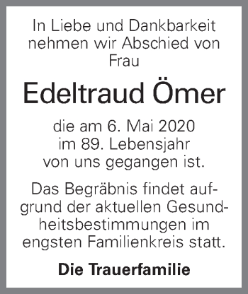 Traueranzeige von Edeltraud Ömer von OÖNachrichten