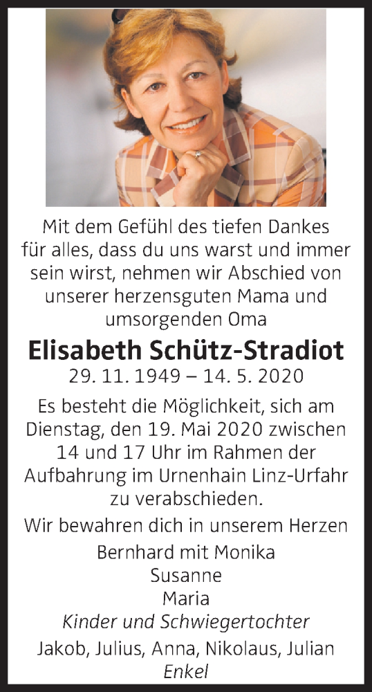  Traueranzeige für Elisabeth Schütz-Stradiot vom 19.05.2020 aus OÖNachrichten