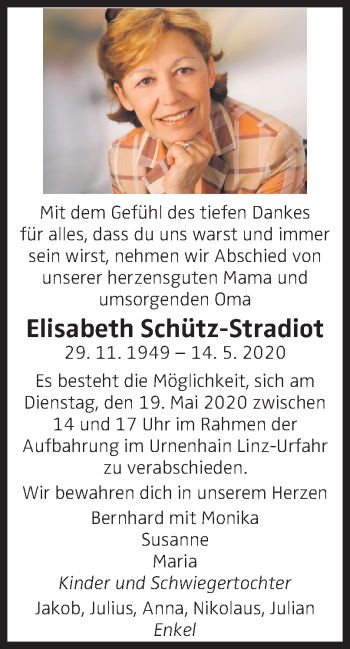 Traueranzeige von Elisabeth Schütz-Stradiot von OÖNachrichten