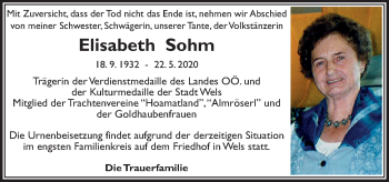 Traueranzeige von Elisabeth Sohm von OÖNachrichten