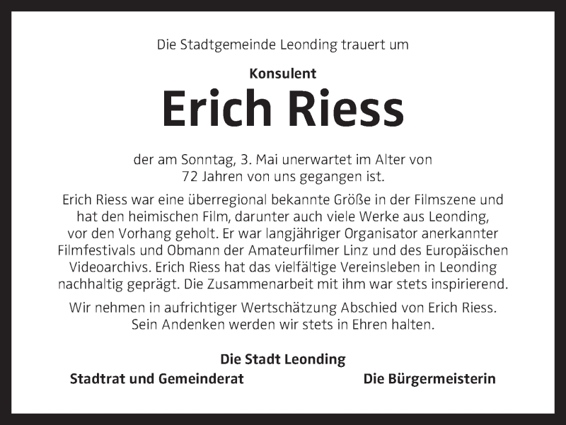  Traueranzeige für Erich Riess vom 06.05.2020 aus OÖNachrichten