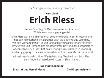 Traueranzeige von Erich Riess von OÖNachrichten