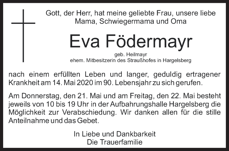  Traueranzeige für Eva Födermayr vom 20.05.2020 aus OÖNachrichten