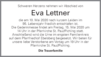 Traueranzeige von Eva Lettner von OÖNachrichten