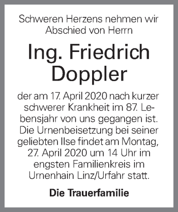 Traueranzeige von Friedrich Doppler von OÖNachrichten