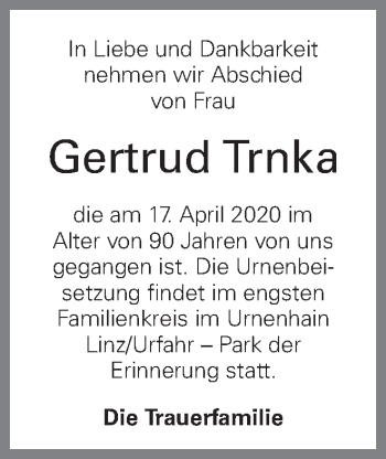 Traueranzeige von Gertrud Trnka von OÖNachrichten