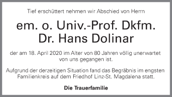 Traueranzeige von Hans Dolinar von OÖNachrichten