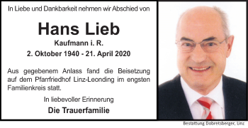 Traueranzeige von Hans Lieb von OÖNachrichten