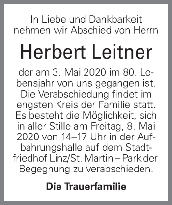 Traueranzeige von Herbert Leitner von OÖNachrichten