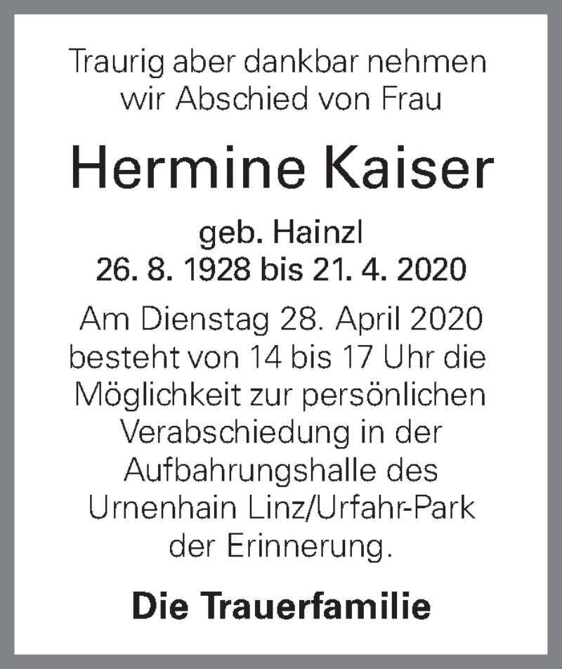  Traueranzeige für Hermine Kaiser vom 25.04.2020 aus OÖNachrichten