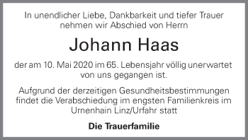 Traueranzeige von Johann Haas von OÖNachrichten