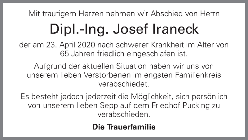  Traueranzeige für Josef Iraneck vom 30.04.2020 aus OÖNachrichten