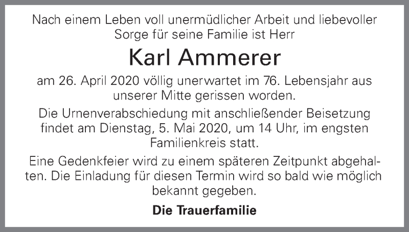 Traueranzeige für Karl Ammerer vom 30.04.2020 aus OÖNachrichten