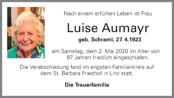 Traueranzeige von Luise Aumayr von OÖNachrichten