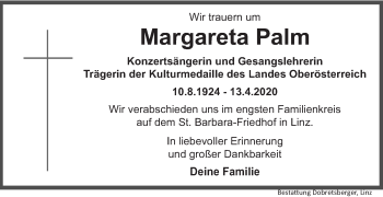 Traueranzeige von Margareta Palm von OÖNachrichten