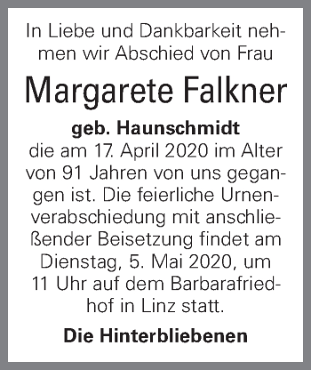 Traueranzeige von Margarete Falkner von OÖNachrichten