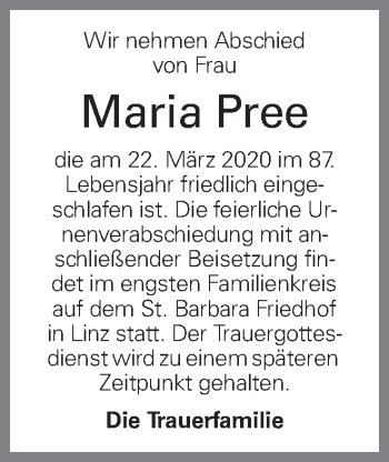 Traueranzeige von Maria Pree von OÖNachrichten