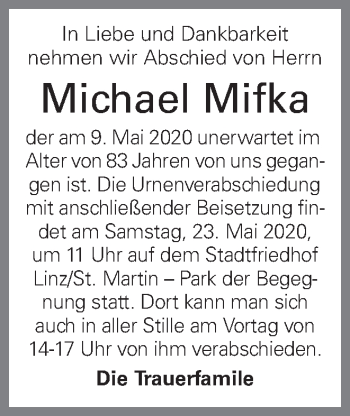 Traueranzeige von Michael Mifka von OÖNachrichten