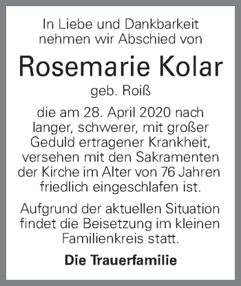 Traueranzeige von Rosemarie Kolar von OÖNachrichten