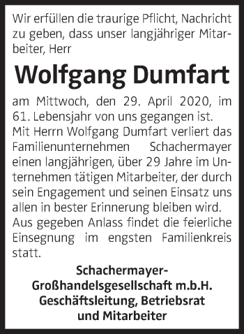 Traueranzeige von Wolfgang Dumfart von OÖNachrichten