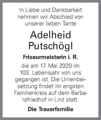 Traueranzeige von Adelheid Putschögl von OÖNachrichten