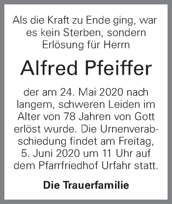 Traueranzeige von Alfred Pfeiffer von OÖNachrichten