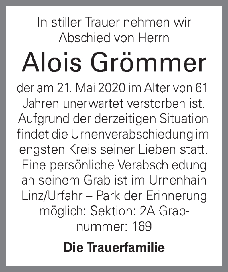  Traueranzeige für Alois Grömmer vom 30.05.2020 aus OÖNachrichten