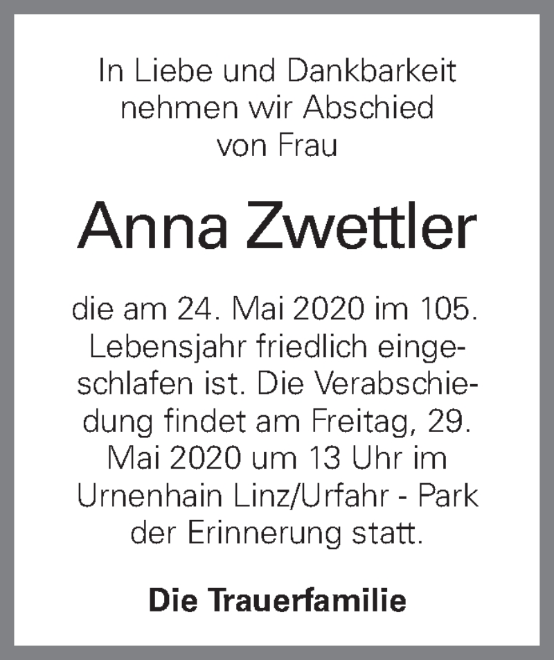  Traueranzeige für Anna Zwettler vom 27.05.2020 aus OÖNachrichten