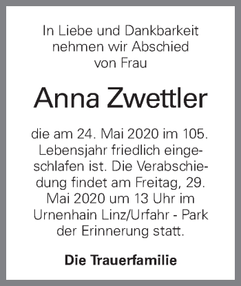 Traueranzeige von Anna Zwettler von OÖNachrichten