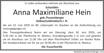 Traueranzeige von Anna Maximiliane Hein von OÖNachrichten