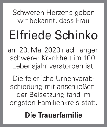 Traueranzeige von Elfriede Schinko von OÖNachrichten