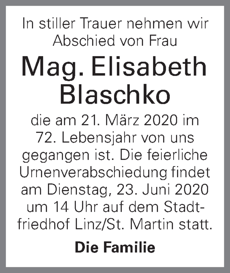  Traueranzeige für Elisabeth Blaschko vom 17.06.2020 aus OÖNachrichten