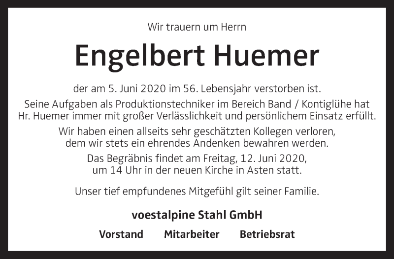 Traueranzeige für Engelbert Huemer vom 10.06.2020 aus OÖNachrichten