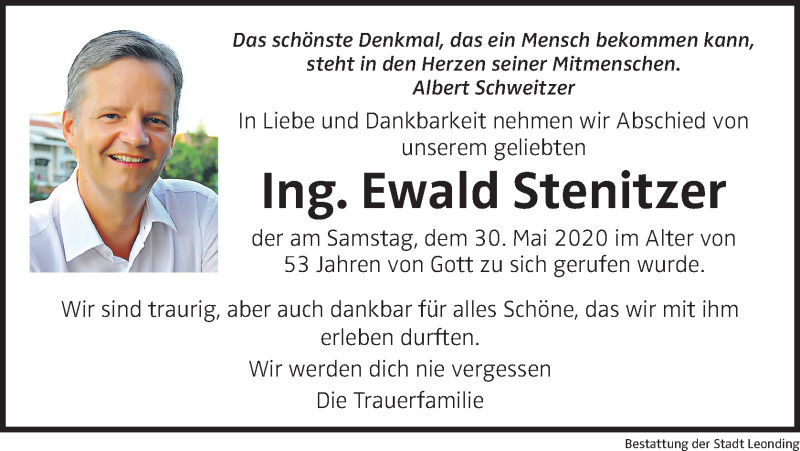  Traueranzeige für Ewald Stenitzer vom 06.06.2020 aus OÖNachrichten
