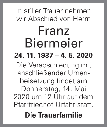 Traueranzeige von Franz Biermeier von OÖNachrichten