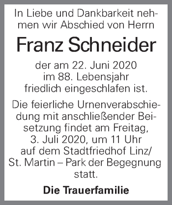 Traueranzeige von Franz Schneider von OÖNachrichten