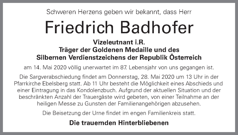  Traueranzeige für Friedrich Badhofer vom 26.05.2020 aus OÖNachrichten