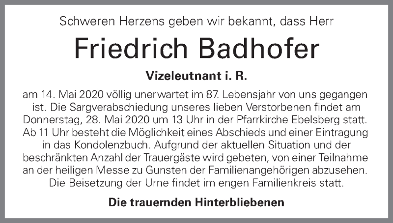  Traueranzeige für Friedrich Badhofer vom 22.05.2020 aus OÖNachrichten