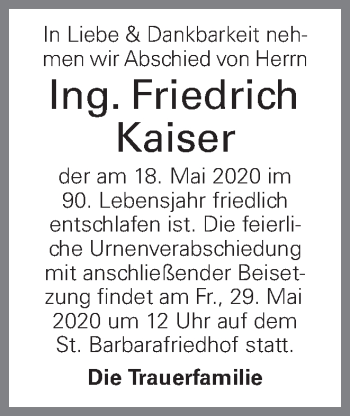 Traueranzeige von Friedrich Kaiser von OÖNachrichten