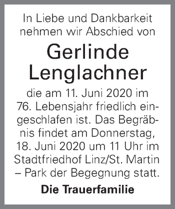 Traueranzeige von Gerlinde Lenglachner von OÖNachrichten